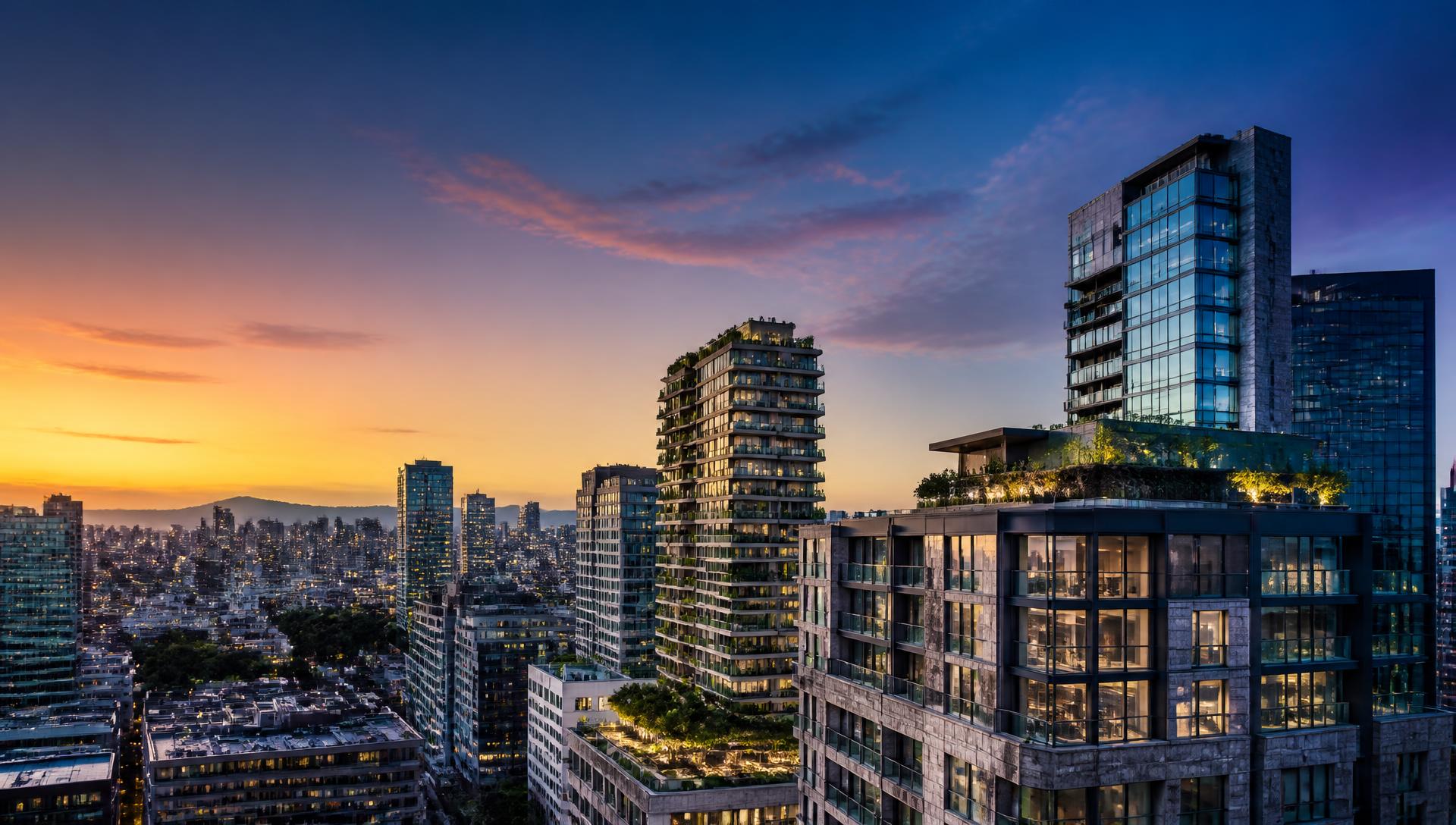 Desarrollos residenciales contemporáneos y skyline urbano